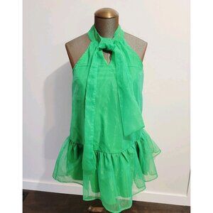 TCEC Hot Green Sleeveless Dress Bow Ribbon Neck Tie Ruffle Size Large